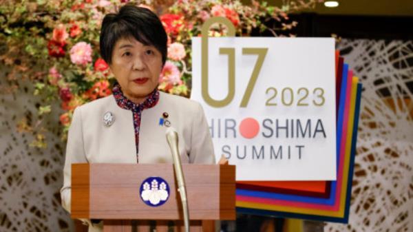 Japanese minister of foreign affairs Yoko Kamikawa, talks to members of the media after a working dinner session of the G7 Foreign Ministers in Tokyo, Japan, November 7, 2023. REUTERS/Androniki Christodoulou/Pool

