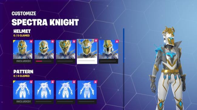 The Spectra Knight's customization options including many Helmets and Patterns.