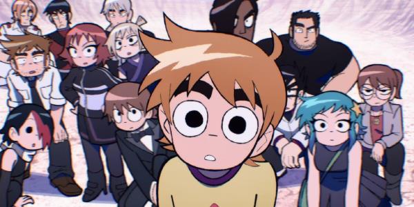 Scott Pilgrim Takes Off characters and League Of Evil Exes looking into the camera with a co<em></em>nfused look
