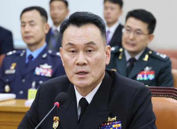 Kim Myung-soo, the new chairman of the Joint Chiefs of Staff, respo<em></em>nds to lawmakers' questions during his co<em></em>nfirmation hearing at the Natio<em></em>nal Assembly in Seoul, Nov. 15, 2023. (Yonhap)