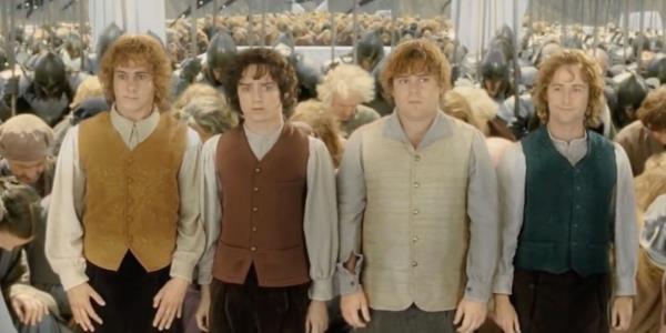 Dominic Monaghan, Elijah Wood, Sean Astin, Billy Boyd as Merry, Frodo, Sam, and Pippin in The Lord of the Rings: The Return of the King