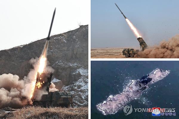 These images, carried by North Korea's official Korean Central News Agency on Feb. 12, 2024, shows North Korea co<em></em>nducting a ballistic co<em></em>ntrol test firing of 240 mm-caliber co<em></em>ntrollable multiple rocket launcher shells the previous day. (For Use o<em></em>nly in the Republic of Korea. No Redistribution) (Yonhap)