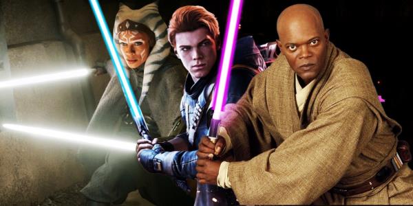 Ahsoka Tano, Cal Kestis, and Mace Windu in Star Wars.