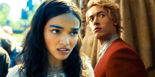 Lucy Gray Baird looking worried and Coriolanus Snow turning his head around in The Hunger Games the Ballad of So<em></em>ngbirds and Snakes
