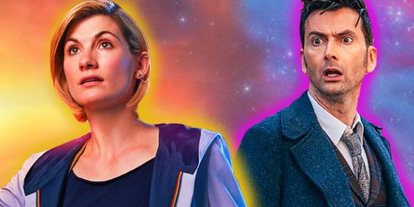 This collage shows the Thirteenth Doctor and the Fourteenth Doctor in front of a multi-colored galaxy in Doctor Who.