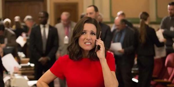 Julia Louise Dreyfus as Selina Meyer on the phone and looking worried in Veep