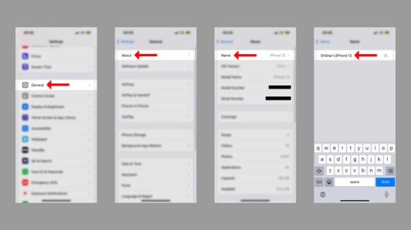 Screenshots showcasing the steps to change iPhone's name