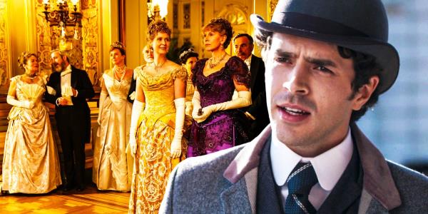 Collage of characters from The Gilded Age in a ballroom and Larry Russell.