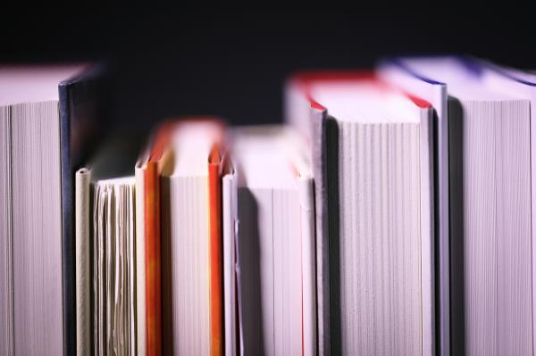 A close-up of a shelf of books, shown from the side of the pages.