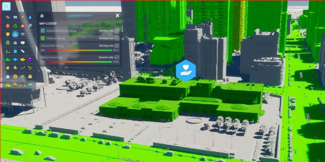 cities skylines 2 wellbeing panel with welfare office shown