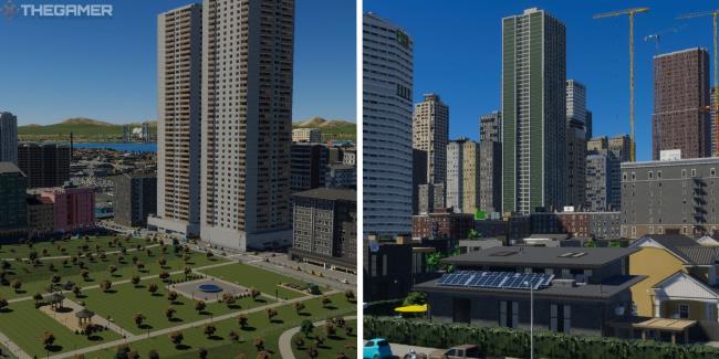 cities skylines 2 split iamge showing two different cities with skyscaper apartments