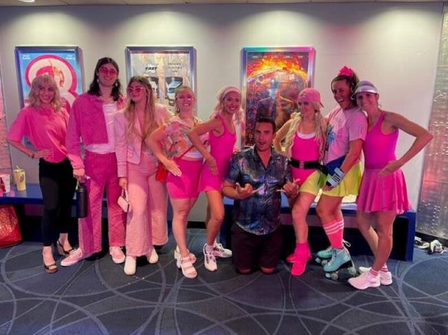 Members of local female empowerment group She Can Club dressed up in “Barbie” themed attire to attend the movie Thursday at 8:30pm at Airport Cinemas in Santa Rosa. (Hilary Richards)