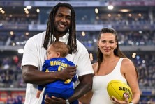 West Coast Eagles star Nic Naitanui with partner Brittany Bown and son Ezekiel.