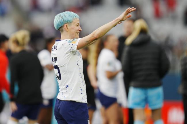 United States' Megan Rapinoe reacts after the Women's World Cup Group E soccer match between the United States and Vietnam at Eden Park in Auckland, New Zealand, Saturday, July 22, 2023. (AP Photo/Abbie Parr)