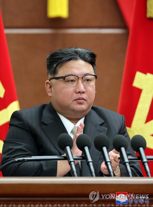 North Korean leader Kim Jong-un attends a plenary meeting of the Central Committee of the ruling Workers' Party on Dec. 26, 2023, to review state policies for this year and discuss those for 2024, in this photo released by the Korean Central News Agency the next day. (For Use o<em></em>nly in the Republic of Korea. No Redistribution) (Yonhap)