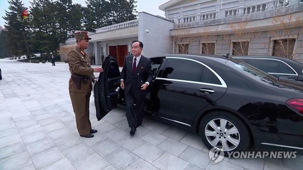 This photo, taken from footage aired by the North's Korean Central Television on Dec. 27, 2023, shows Jo Yong-won (R), secretary for organizations affairs at the ruling Workers' Party, arriving for a year-end plenary meeting of the Central Committee of the North's ruling Workers' Party in Pyo<em></em>ngyang the previous day in a Mercedes-Benz vehicle. (For Use o<em></em>nly in the Republic of Korea. No Redistribution) (Yonhap)
