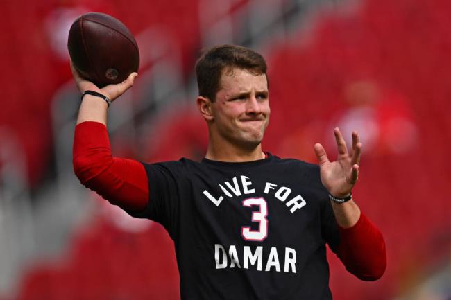 San Francisco 49ers quarterback Brock Purdy (13) warms up before the start of their NFL game at Levi's Stadium in Santa Clara, Calif., on Sunday, Jan. 8, 2023. Players wore “Love for Damar” shirts during pre-game in ho<em></em>nor of Buffalo Bills’ Damar Hamlin who suffered an on-field cardiac arrest six days ago against the Cincinnati Bengals. (Jose Carlos Fajardo/Bay Area News Group)