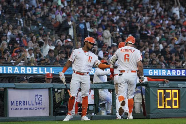 San Francisco Giants' Casey Schmitt (6) celebrates with teammates at the dugout after hitting a sacrifice fly against the Oakland Athletics during the fifth inning of a ba<em></em>seball game, Tuesday, July 25, 2023, in San Francisco. (AP Photo/Godofredo A. Vásquez)