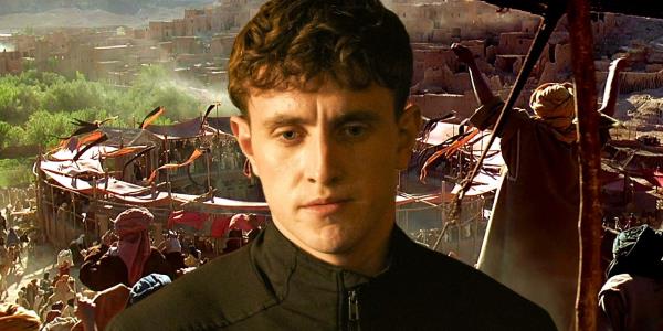 Blended image of Paul Mescal in Normal People and the arena in Gladiator 2 as background