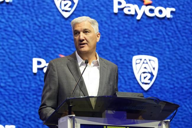 Pac-12 commissio<em></em>ner George Kliavkoff speaks at the NCAA college football Pac-12 media day Friday, July 21, 2023, in Las Vegas. (AP Photo/Lucas Peltier)