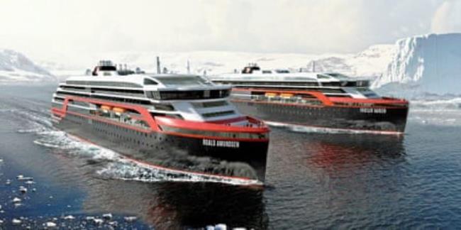 Two cruise liners in fjord against backdrop of glaciers
