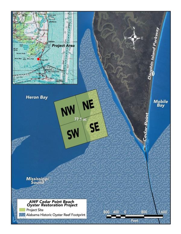 An Alabama Wildlife Federation graphic shows the site of a privately funded oyster reef restoration project in south Mobile County.