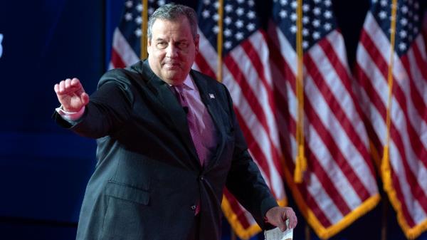 Republican presidential candidate former New Jersey Gov. Chris Christie waves to the audience during the Faith and Freedom Coalition Policy Co<em></em>nference in Washington, Friday, June 23, 2023.